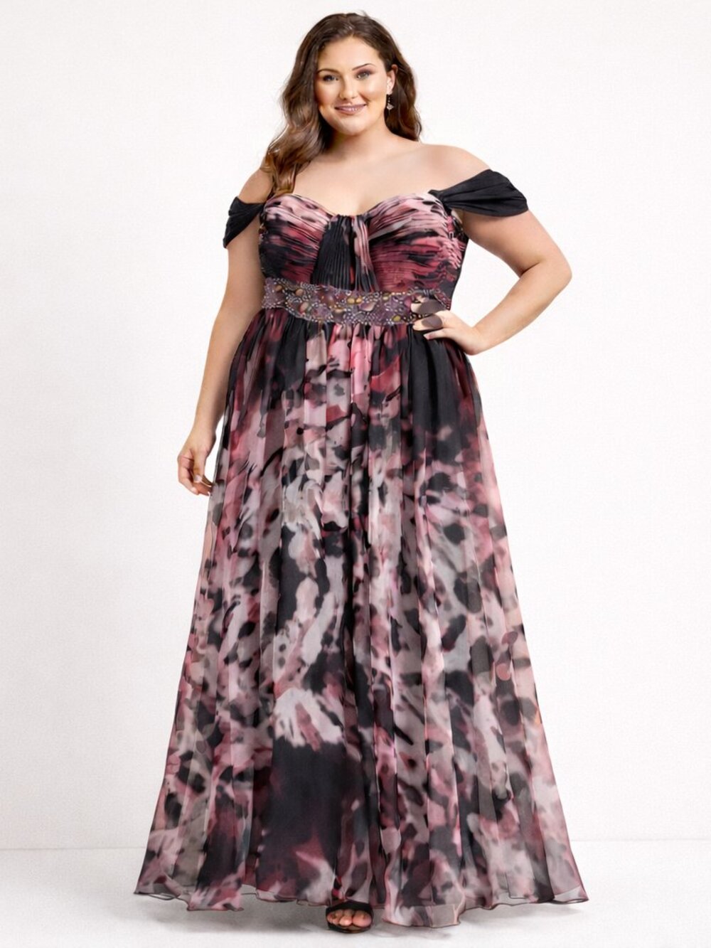 Camille La Vie Formal Gown Size 20W Pink Black Embellished Empire Waist Chiffon